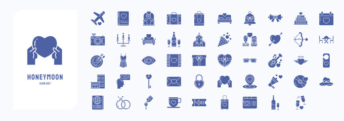 A collection sheet of solid icons for Honeymoon and romance, including icons like Airplane, Photo album, Bag, Cake and more