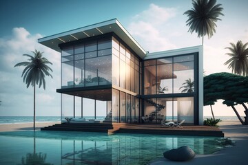 Beachfront Home Boasting Modern Architecture, Glass Walls, and a Swimming Pool. Generative AI