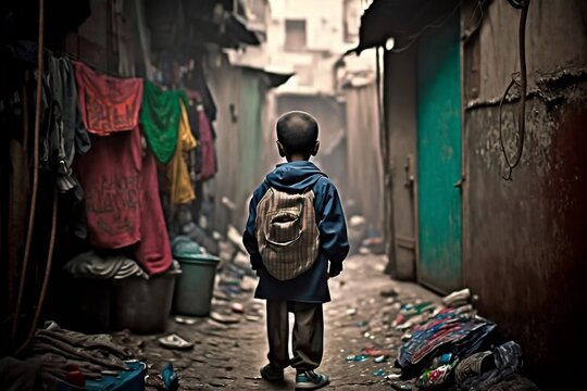 View from behind of a hungry boy in a slum district. Generative AI