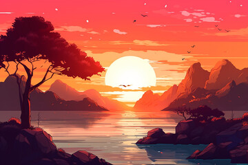 anime style sunset scenery background