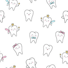 Seamless pattern with cute teeth, tooth fairy in cartoon style on white background. Dental cute background. Illustration for children dentist cabinet, pediatric dentistry.