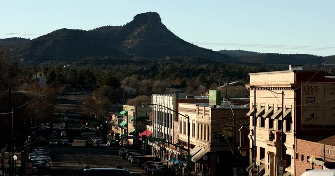 Prescott, Arizona, USA - January 9, 2022: Sunset light shines on historic buildings in downtown Prescott.