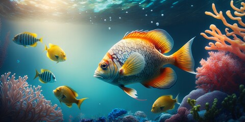 Fototapeta na wymiar colorful tropical fish swimming underwater, generative ai