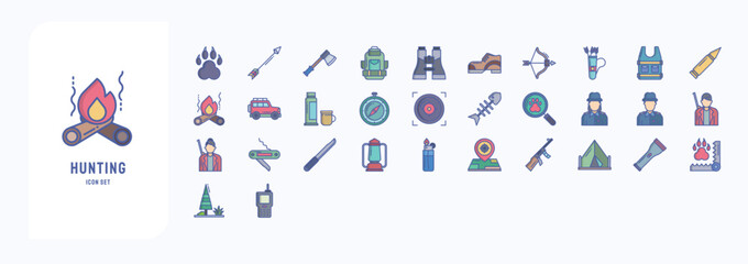 A collection sheet of linear color icons for Hunting and camping, including icons like Animal, Arrow, Axe, Backpack and more