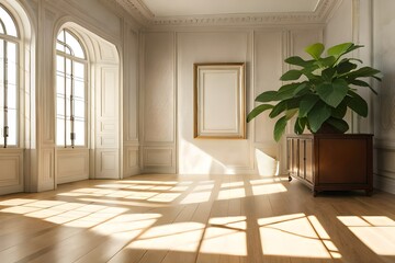 Blank beige brown luxury room with plant, photo frame, soft beautiful dappled sunlight, leaf shadow on white wall