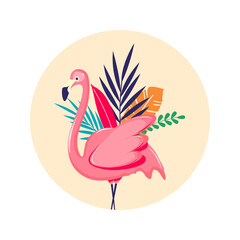 Pink flamingo with exotic leaves on the background. Vector isolated illustration