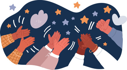 Cartoon vector illustration of Applause and like group of people. Hands multicultural clap. Congratulations, cheering, thanksgiving, thanks, good, best, winner