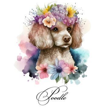 Watercolor illustration of a single dog breed poodle with flowers. Guide dog, a disability assistance dog. Watercolor animal collection of dogs. Dog portrait. Illustration of Pet.