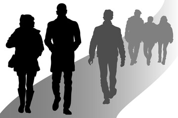 Six vector male and female silhouettes walk past each other. A couple of a girl and a man are talking. A group of 3 people go into the distance. The lone guy goes ahead.