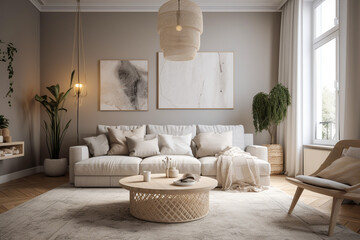 Cute modern living room, boho design interior style. Beige light colors. Super photo realistic background, generative ai