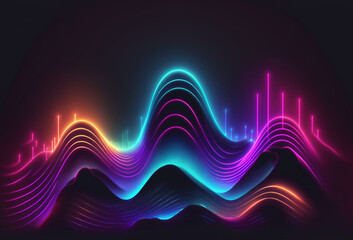 Fototapeta na wymiar Graphic waves. Music range. Neon background. Creative illustration of bright purple blue yellow twisted flare lines sound composition on black.