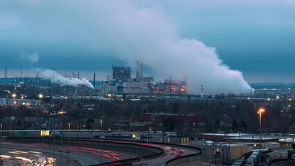 Dusk motion timelapse of traffic on highway, air pollution from factories
