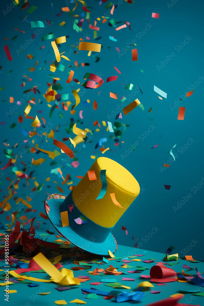 Wall mural colorful flying confetti with birthday hat on blue background