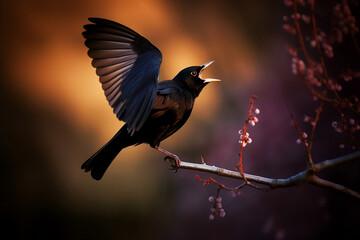 black bird sitting on branch and singing