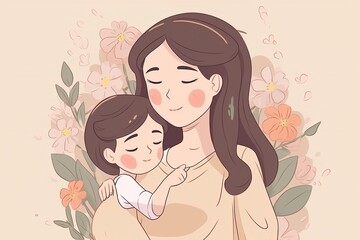 happy mothers day vector, beautiful mother and daughter character hand drawn chibi cartoon art illustration, parent and child with pink background, parent and child, mother and baby, Generative AI