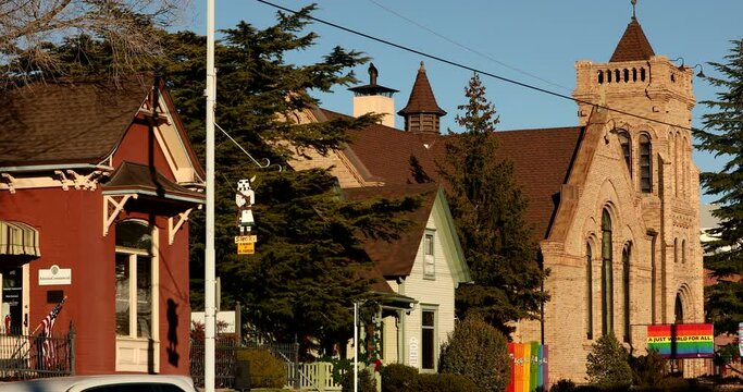 Prescott, Arizona, USA - January 9, 2022: Sunset light shines on historic buildings in downtown Prescott.