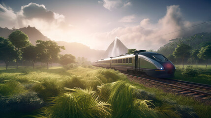 high speed train on rails in green landscape, generative ai
