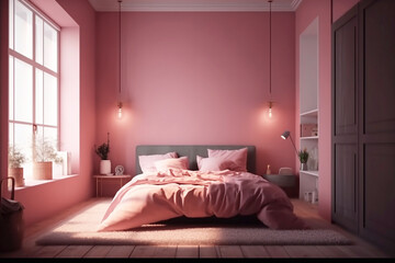 Modern pink bedroom interior, created with Generative AI technology. - obrazy, fototapety, plakaty