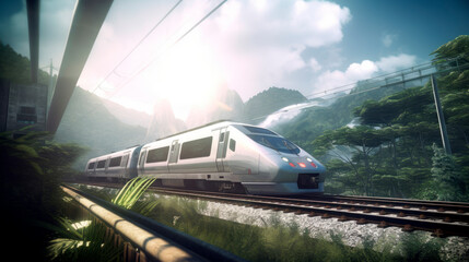high-speed train passing through paradise landscape, generative ai