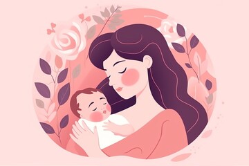 happy mothers day vector, beautiful mother and daughter character hand drawn chibi cartoon art illustration, parent and child with pink background, parent and baby child, Generative AI