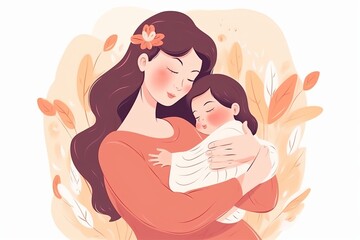 happy mothers day vector, beautiful mother and daughter character hand drawn chibi cartoon art illustration, parent and child with white background, parent and child, mother and baby, Generative AI