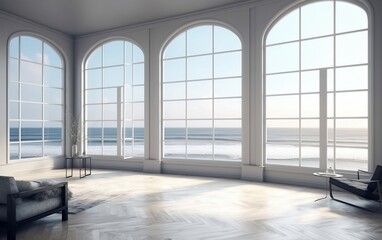 Living room of beach house with large windows and ocean view created with Generative AI technology