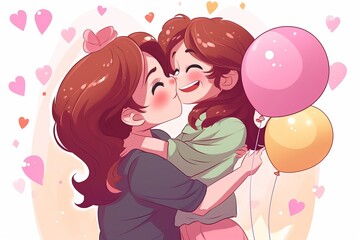 A heartwarming chibi-style cartoon vector illustration for Mother's Day showcasing a loving mother and her daughter hugging each other tightly, mother's day, Generative AI