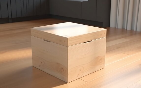 Wooden box mockup on a wooden floor with grey background created with Generative AI technology