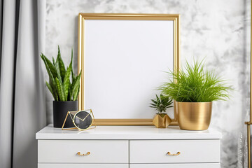 Empty golden photo frame on marble wall background and green plants, created with Generative AI technology.