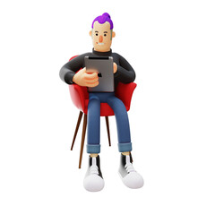 3D illustration. Cool Guy character 3D with tablet. was playing on the tablet while sitting in the red chair. with a cheerful smile. 3D Cartoon Character