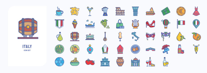A collection sheet of linear color icons for Italy country and culture, including icons like Cappuccino, Cheese, Cocktail, Coffee Pot and more