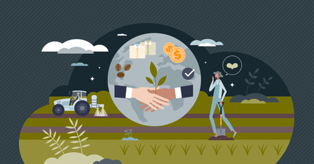 Fair trade and ethical supply chains for product sources tiny person concept. Honest payment for farmers with environmental standards or nature friendly agriculture vector illustration. Generative AI