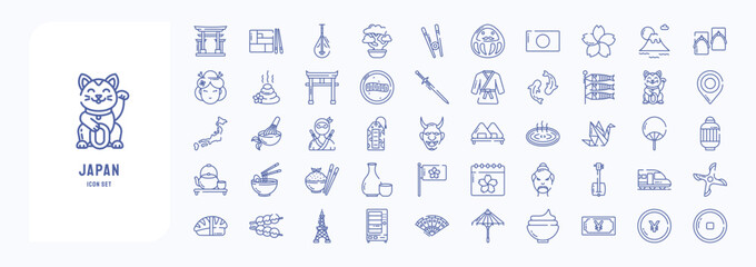 Fototapeta na wymiar A collection sheet of outline icons for Japan country and culture, including icons like Bento, Biwa, Bonsai, Chop stick and more
