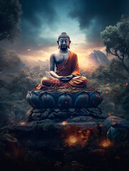 Buddhist statue background and text space, generative ai