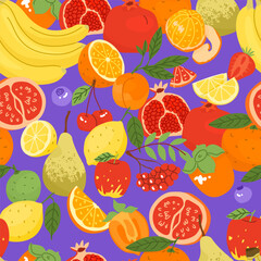 Seamless pattern with fruits. Farm products, organic farming. Different types of fruits. Melon, watermelon, berries, citrus. Vector illustration for farmers and food markets.