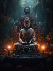 Buddhist statue background and text space, generative ai