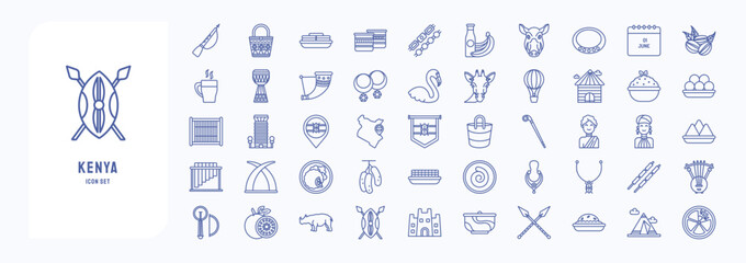 A collection sheet of outline icons for Kenya country and culture, including icons like Maasai,  Bracelet, Djembe, Drinking Horn, and more