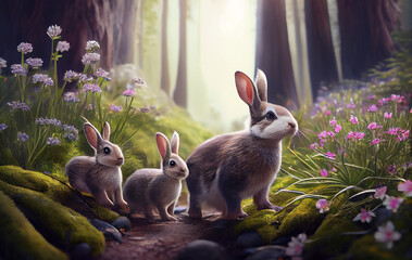 Scene of Bunnies and Rabbits Cavorting in the Beautiful Nature Landscape, Embodying the Joyful Grass Spirit of the Forest Playground - AI Generated