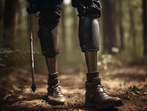 Person hiking in the forest during summer, amputee, prosthetic legs, editorial
