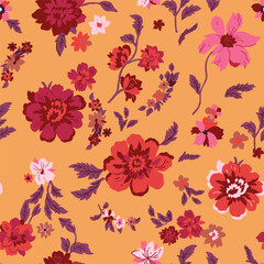 Seamless floral pattern with red, pink and pale pink roses on an orange background.
