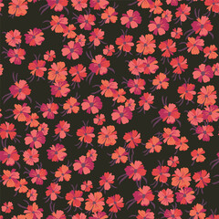 Vector seamless pattern with stylized floral motif, lots of small red flowers with purple leaves on a dark background. Hand-drawn little flowers.