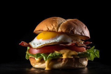 bacon and egg sandwich with melted cheese, lettuce, and tomato