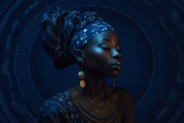 Elevate your designs with Black Model Futuristic Ethnic clipart, showcasing a stunning African woman with bodyart in a stylish, creative portrait, blending beauty, fashion, and illustration. - obrazy, fototapety, plakaty