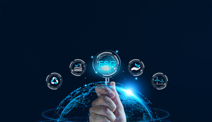 Environmental technology concept. sustainable ESG modernization development by using technology of renewable resources. ESG environment social governance investment business. ESG business strategy.