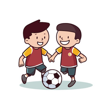 Cute happy little boy playing football soccer cartoon flat character vector illustration