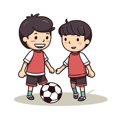 Cute happy little boy playing football soccer cartoon flat character vector illustration
