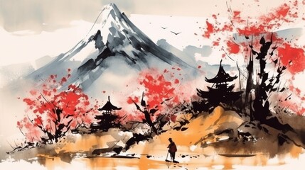 Obraz na płótnie Canvas Japan traditional sumi-e painting. Indian ink illustration. Japanese picture samurai with sakura mountains,generated with AI.