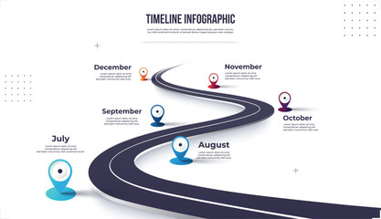 Winding Road infographic with timeline concept. Road way location infographic template with pin pointer. Vector EPS 10 - obrazy, fototapety, plakaty