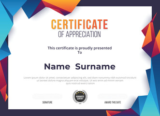 Certificate of appreciation template. Geometry shape colorful with white space background.