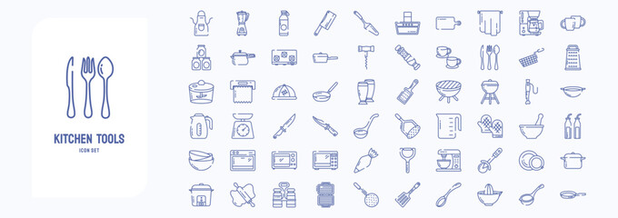 Fototapeta premium A collection sheet of outline icons for Kitchen Tools, including icons like Apron, Butcher knife, Cooker, Coffee mug and more